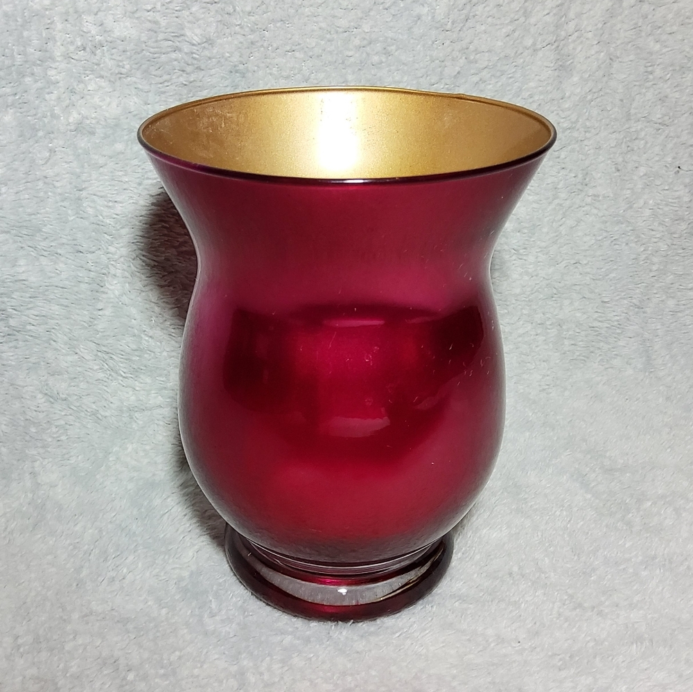 Vintage Holiday Berry Red & Gold Art Glass Vase Candle Votive Made in Italy